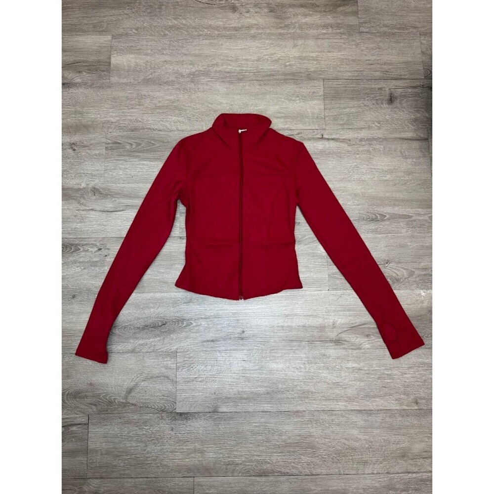 Red Fitted Long Sleeve Zip Jacket Workout Athleisure Activewear - Picture 2 of 6
